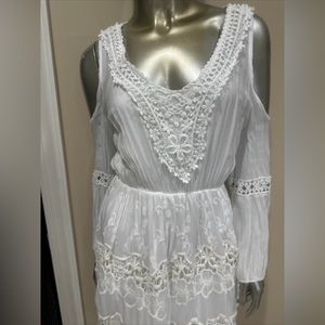 made in Italy White Lace, Embroidery lace BOHO Mini Dress Bohemian summer